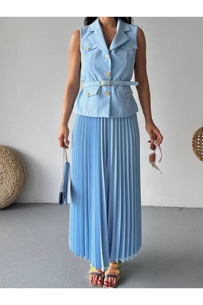 ZF BUTİK Φούστα με χρυσό κουμπί με πλισέ κοστούμι Claret Red