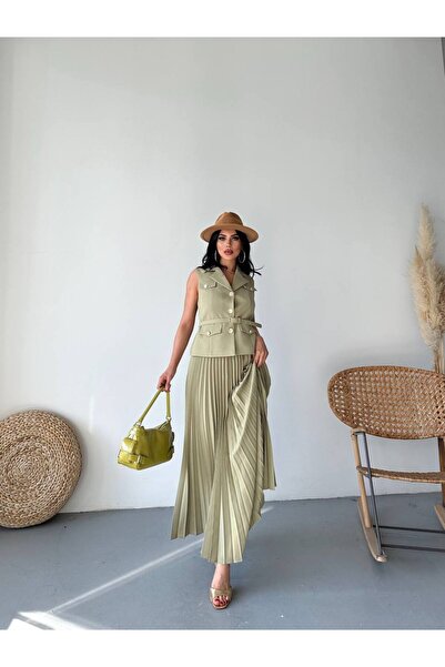 ZF BUTİK Gold Button Detailed Skirt Pleated Suit Burgundy