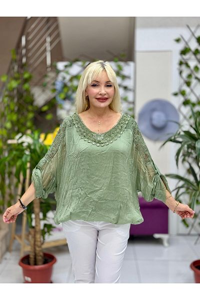 Punta Otantik Nc274-1 Italian Front-Back Lace Silk Blouse Khaki