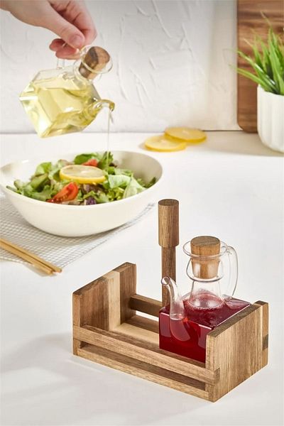 Bayev Carre Wooden Stand 2-Piece Borosilicate Oil Pot and Vinegar Set Table Top Oil Pot Set