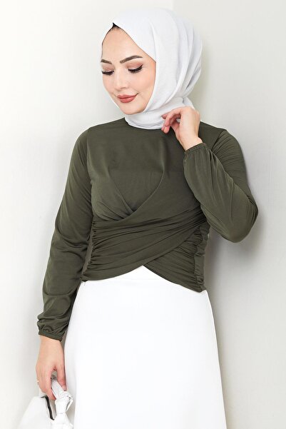 hafsamina Μπλούζα με λαιμόκοψη με κορδόνια Sandy Khaki HM2765