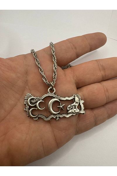 Herşey Nota Three Crescent Moon Star Silver Color Unisex Necklace with White Wolf and Turkey Map Figure - Turkish Motif Design