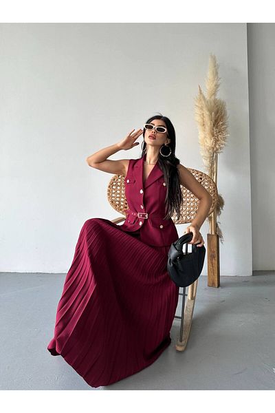 ZF BUTİK Gold Button Detailed Skirt Pleated Suit Burgundy