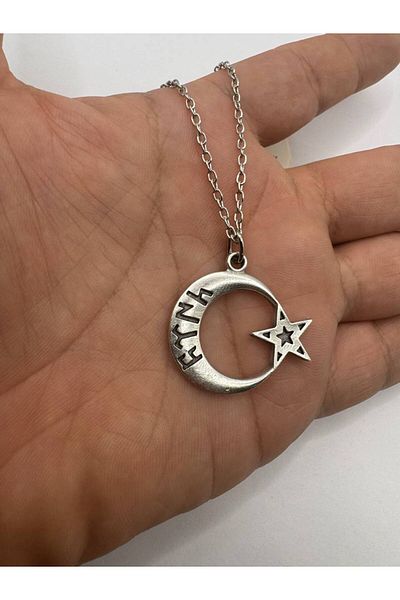 Herşey Nota Silver Color Unisex Necklace with Gokturkish "Turkish" Written Moon and Star Figure - Jewelry Reflecting Turkish Identity