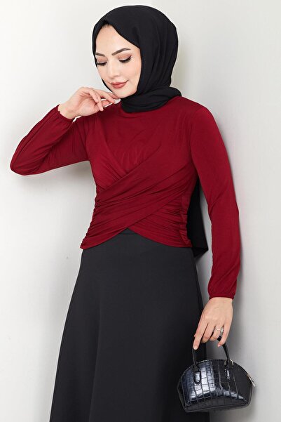 hafsamina Crew Neck Gathered Sandy Blouse Burgundy Hm2765
