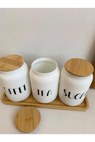 LEONEV Glass Jar with Bamboo Bottom Coffe Tea Sugar Written