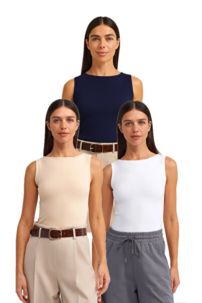 Bukamiss Decolteu barcă 3 piese fără mâneci Top-crem alb bleumarin