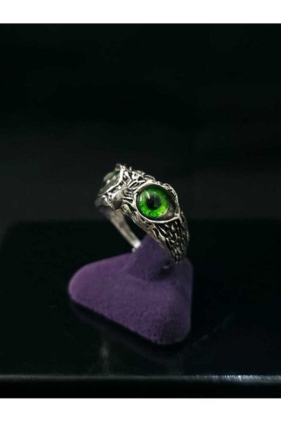 sarıyer silver Owl Model Green Eye Embroidered Adjustable Size Stylish Design Steel Ring