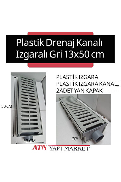 LÜXPAR Plastik Drenaj Kanalı Izgaralı Gri 13x50 cm – Yan Çıkışlı Oluklu Su Ta...