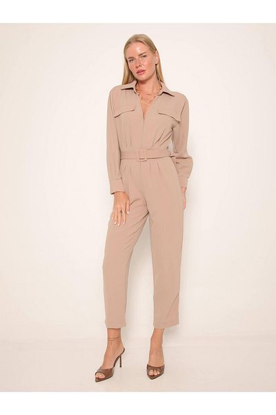 Coral Belted Jumpsuit with Flap Pockets Camel