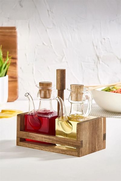 Bayev Carre Wooden Stand 2-Piece Borosilicate Oil Pot and Vinegar Set Table Top Oil Pot Set