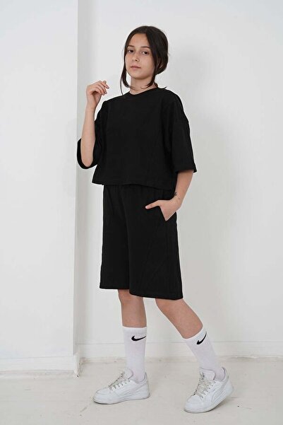 HayKids Kız Çocuk İki İplik Kumaş Bisiklet Yaka Şortlu Takım