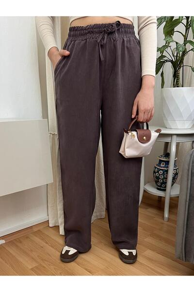 Dresslabtr Καφέ λινό βαμβακερό γυναικείο παντελόνι με ελαστική μέση και κορδό...