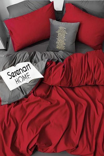 SERENART HOME Double Duvet Cover Set |   Elastic Sheet |   Burgundy-Grey