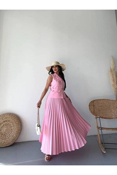 ZF BUTİK Gold Düğme Detaylı Etekli Piliseli Takım Bordo