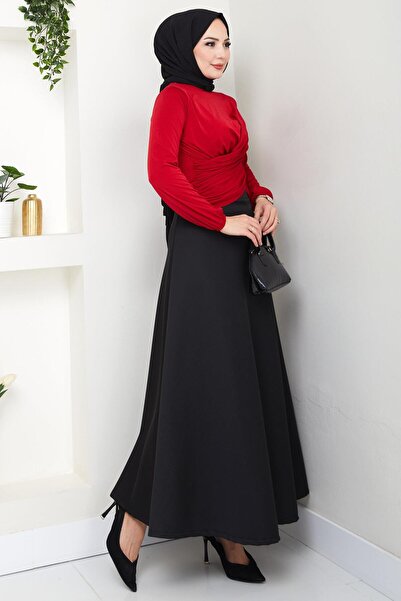 hafsamina Crew Neck Gathered Sandy Blouse Red Hm2765