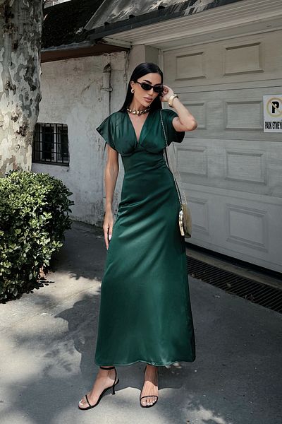 Fav Style Women's V Neck Short Flounced Sleeve Long Satin Dress Emerald Green