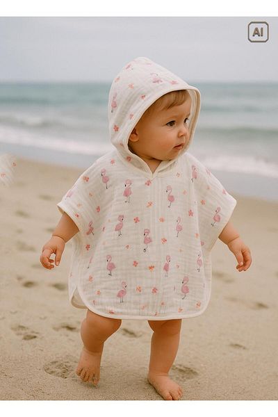 kitikate Organic Flamingo Girl Muslin Poncho Bathrobe White