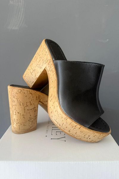 Preshley Γυναικείο Φούρνος Μαύρο Δέρμα 10 cm Πλατφόρμα με τακούνι Παντόφλες σόλα από φελλό K-850