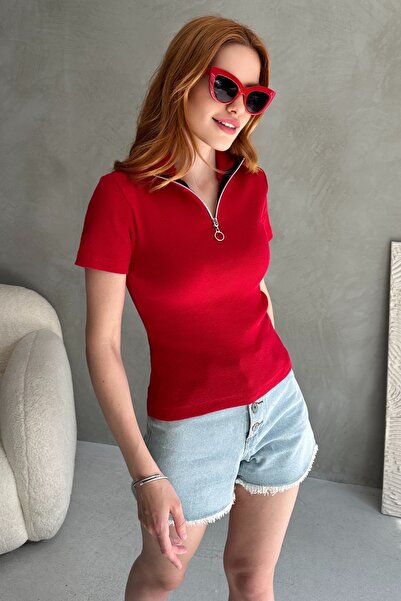 Chicup Aura Women's Red Zippered Ribbed Knitted Blouse