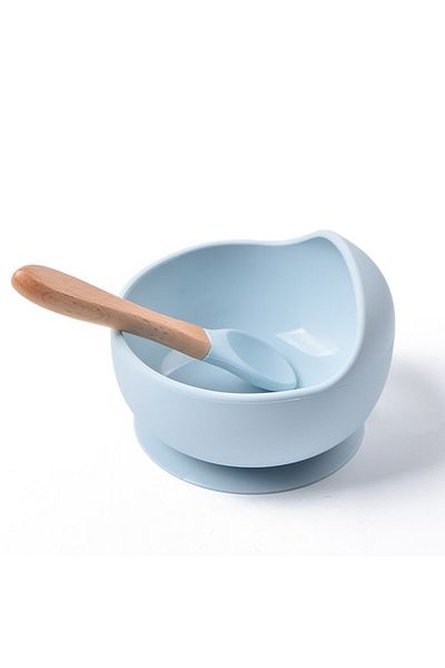 OEM Set bol cu ​​ventuză din silicon antiderapant și lingură din bambus, albastru, 350 ml
