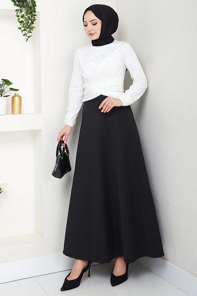 hafsamina Crew Neck Gathered Sandy Blouse White Hm2765