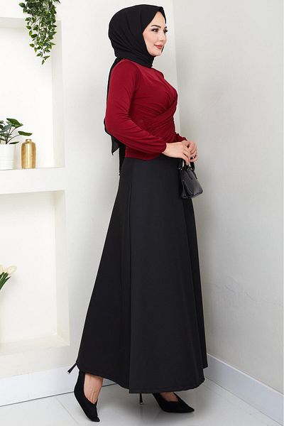 hafsamina Crew Neck Gathered Sandy Blouse Burgundy Hm2765