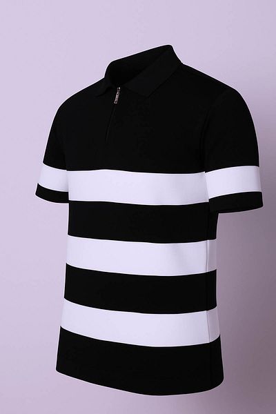 trender Tricou negru pentru bărbați cu jumătate de fermoar cu gât polo 106-4002
