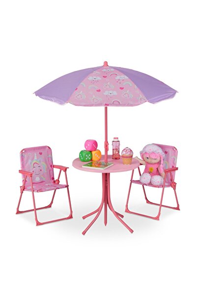 Relaxdays Set masă pentru copii cu 2 scaune și umbrelă, fier/poliester, unicorn