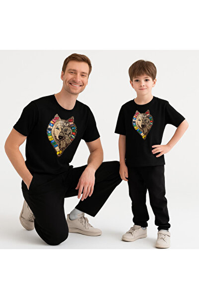 ErTaPassage تي شيرت رجالي من Dad Son Black Turkish States Stamp Gray Wolf - تصميم عرقي معنى