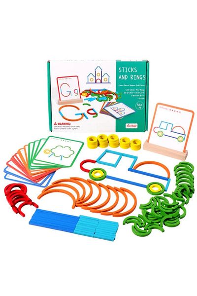 Micostore Sticks and Rings educational shape association game - 120 pieces, 40 templates