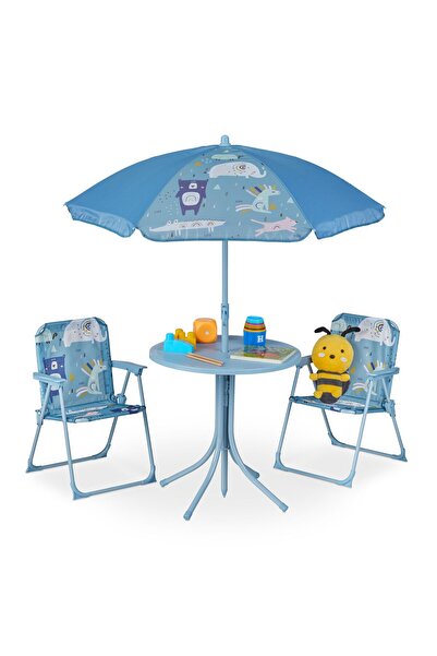 Relaxdays Set masă pentru copii cu 2 scaune și umbrelă, fier/poliester, albastru
