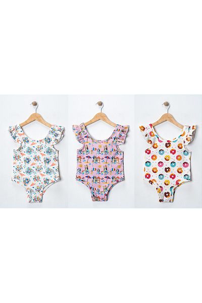 minikiss 3 Pcs Girls Printed Ruffle Swimsuit