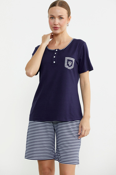 Sementa Marine Detailed Striped Shorts Set - Navy Blue