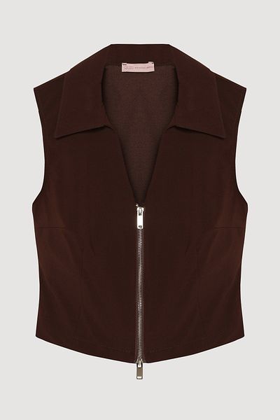 Quzu Zippered Sleeveless Blouse Brown