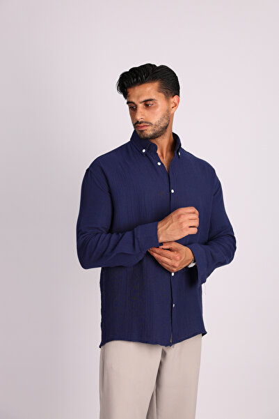 JAKOTTO Breathable Lapel Button Detail Muslin Fabric Long Sleeve Men's Shirt