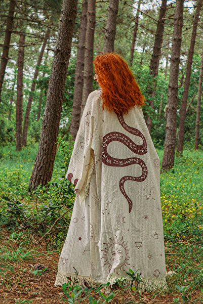 Oiki Bohem Kimono Astroloji Sembollü Yılan Desenli Bol ve Rahat Oversize Yazl...