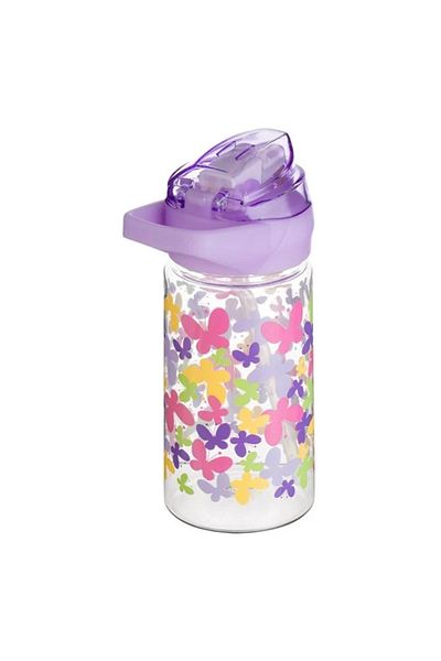 Micostore Pop-Up Kids Water Bottle 450ml, Colorful Butterflies, BPA Free, with Straw and Handle