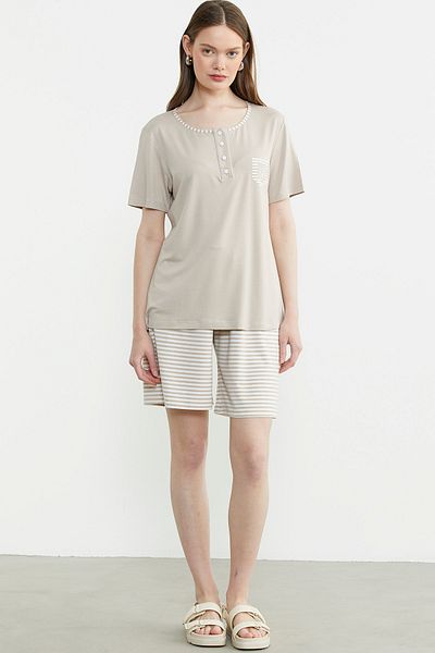 Sementa Marine Detailed Striped Shorts Set - Mink