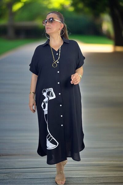 yagmurberen Front to Back Buttoned Figure Printed Short Sleeve Cotton Viscosin Large Size Summer Dress