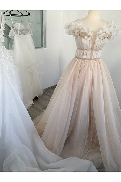 MODA Ecru Fabric Flower Design Wedding Dress Engagement Dress