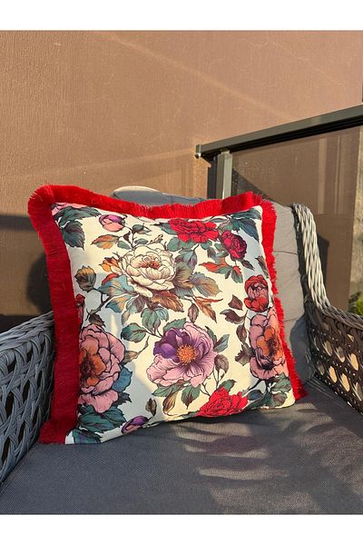 Karam Home Sophisticated Aesthetic Flowers Patterned Red Tassel Throw Pillow Cover