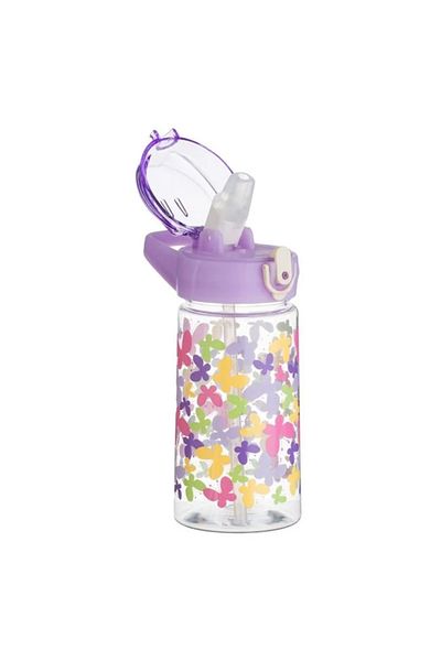 Micostore Pop-Up Kids Water Bottle 450ml, Colorful Butterflies, BPA Free, with Straw and Handle