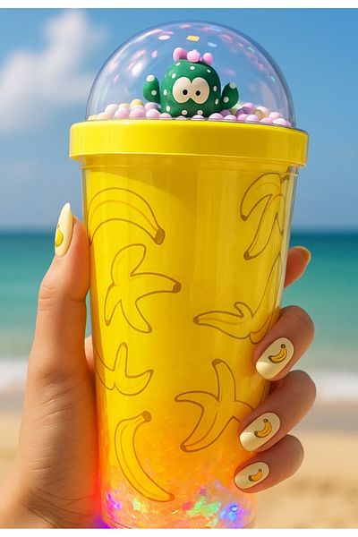 BiTon Toptan Fresh Themed Water Bottle with Straw, Frosted Glass Appearance, Led Light, 450 ml Double Layer Mica 2768