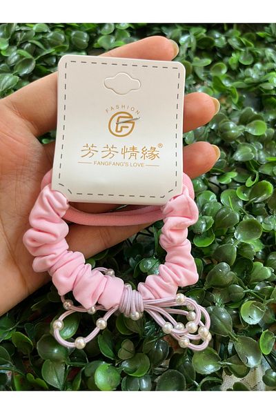 PONÇİK ACCESSORİES Pink 2-Piece Bow and Pearl Detailed Rubber Set