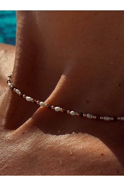 Medusa Accessories Garnet Lal Taşı Ve Gerçek Arpa İncili 14 Ayar Altın Kaplam...