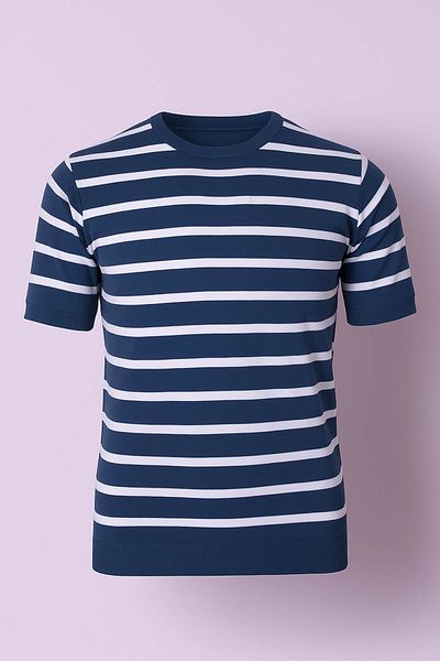trender Tricou pentru bărbați cu dungi albastru cu gâtul O 103-4017