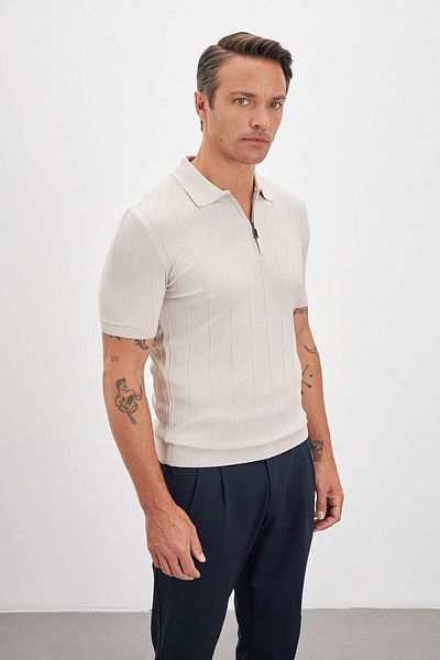 Paşahan Zippered Polo Neck Stripe Patterned Knitwear Men's T-Shirt