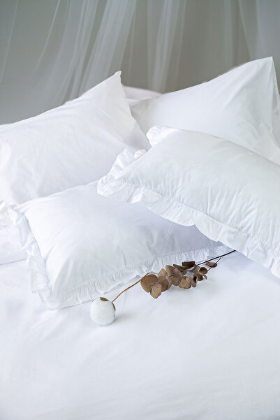 FAVORA Naturis Premium 100% Cotton Ruffled Double Duvet Cover Set - White