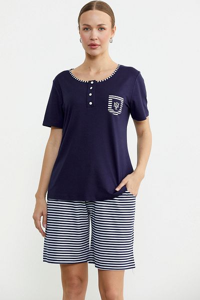 Sementa Marine Detailed Striped Shorts Set - Navy Blue